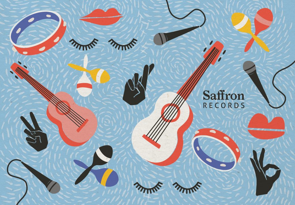 Graphic illustration featuring music instruments such as guitars, microphones, tambourine as well as lips and eyelashes