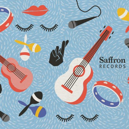 Graphic illustration featuring music instruments such as guitars, microphones, tambourine as well as lips and eyelashes