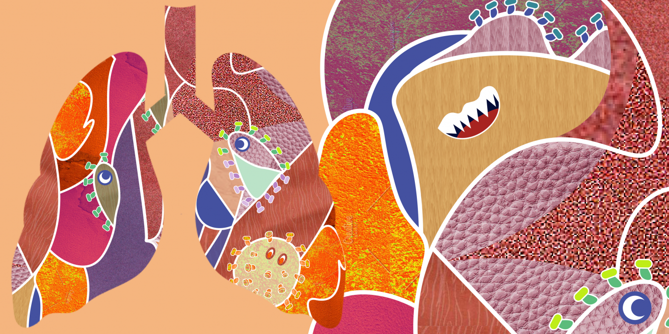 Coronavirus-inspired illustration with warm palette and cartoon styled illustrations with lung outline by Emma Blake Morsi
