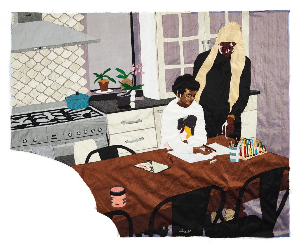Billie Zangewa artwork titled 'Heart of the Home', which depicts her home schooling her Black son at a table in the kitchen
