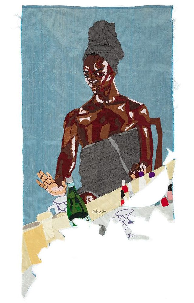 Billie Zangewa artwork titled 'Self Care Sunday', which depicts a Black woman wrapped around with a towel and a towel around her hair while sat at a table full of nail products