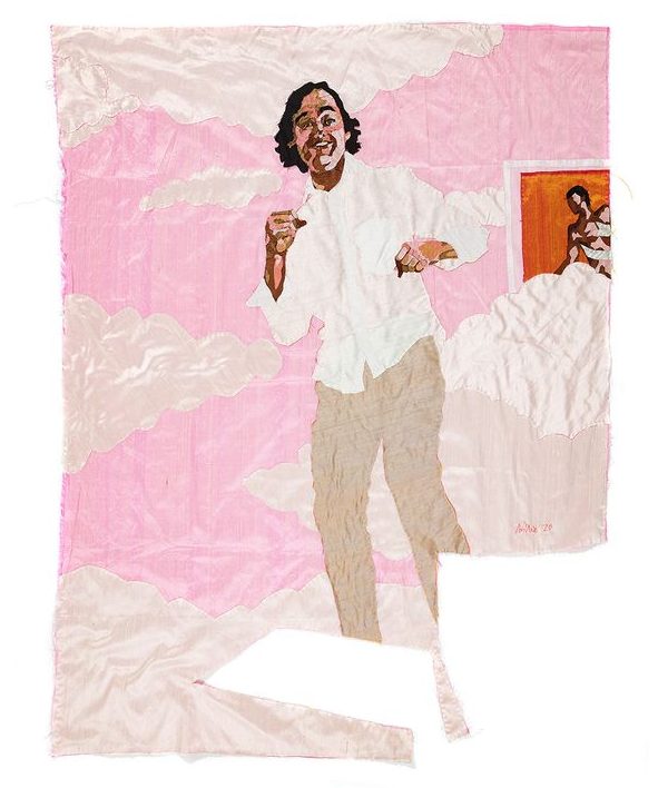 Billie Zangewa artwork tribute to her late friend Henri Vergon, which depicts him dancing in a pink sky surrounded by clouds