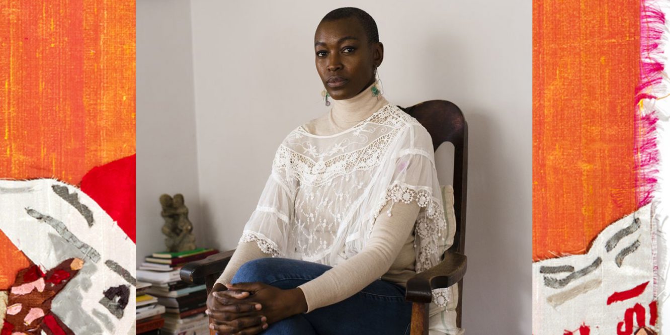 Photograph edit of Billie Zangewa sat on a chair overlayed on her artwork depicting a Black woman holding a newspaper