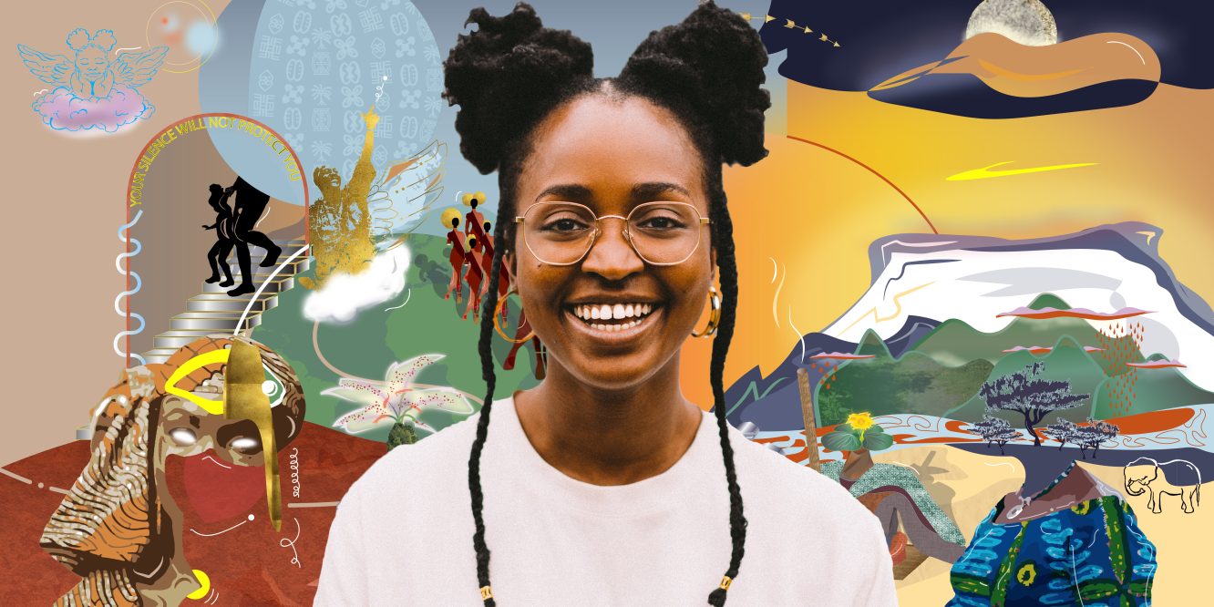 Overlapped photograph of Emma Blake Morsi with black afro bunches, two long braids past the shoulders and gold glasses with a big grin in front of the naturescape Maize and Grace design