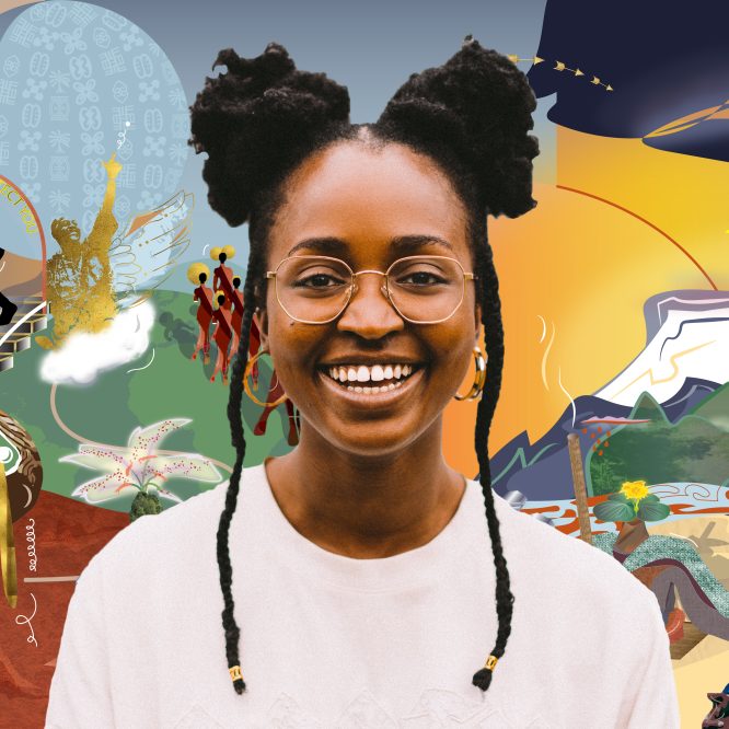 Overlapped photograph of Emma Blake Morsi with black afro bunches, two long braids past the shoulders and gold glasses with a big grin in front of the naturescape Maize and Grace design