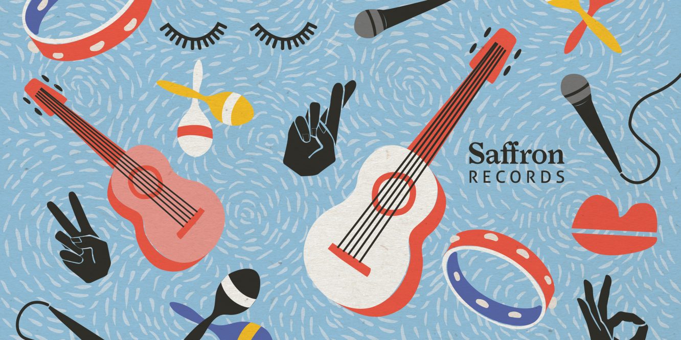 Graphic illustration featuring music instruments such as guitars, microphones, tambourine as well as lips and eyelashes