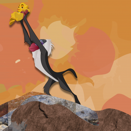 Stylised illustration of Lion King moment where Rafiki lifts up Simba at the cliff edge